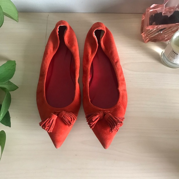 J.Crew Red Tassel Pointed Suide Flats - Picture 2 of 5